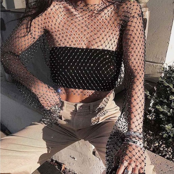 Mesh Body Chains Crystal Fishnet Top - Picture 1 of 6